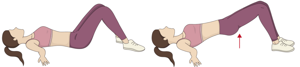 女性示範橋式運動，從平躺抬臀至臀部離地，訓練臀肌與核心穩定。