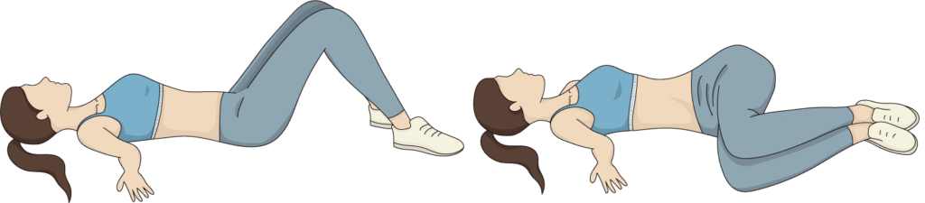 女性示範腰椎旋轉運動，透過躺姿與下肢左右擺動，放鬆下背與核心肌群。
